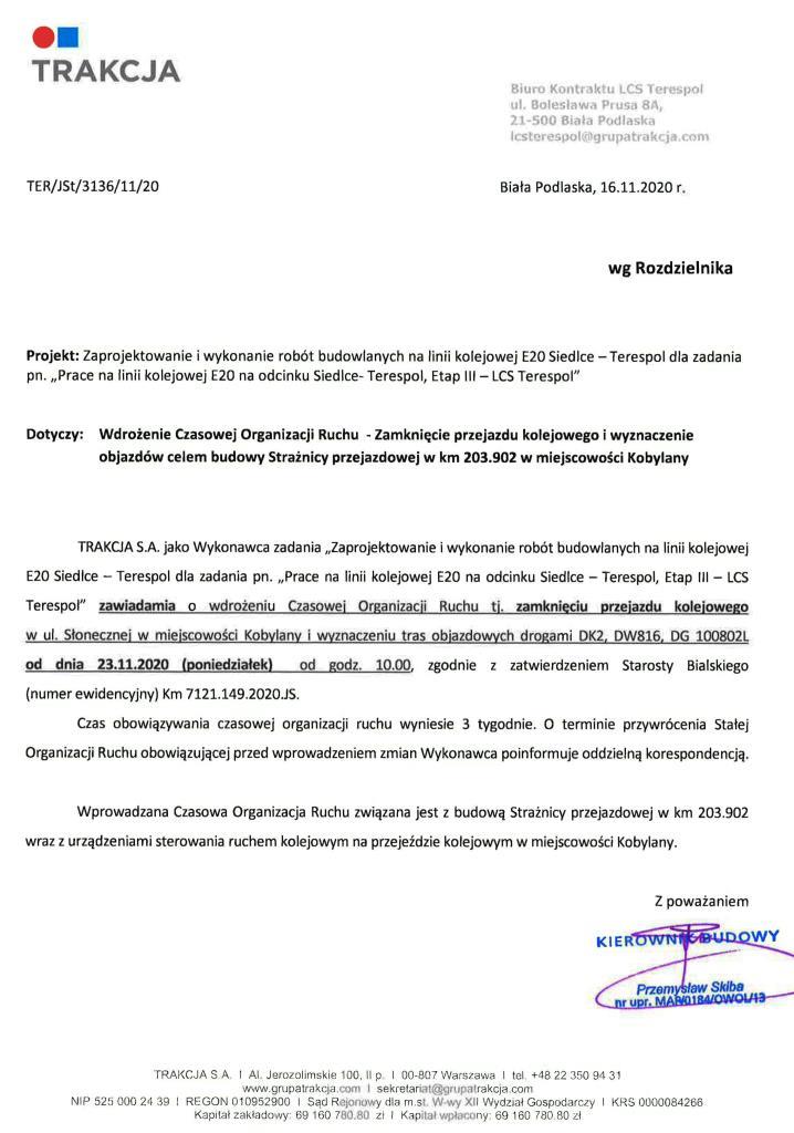 Wdrożenie czasowej organizacji ruchu - zamknięcie przejazdu kolejowego w miejscowości Kobylany